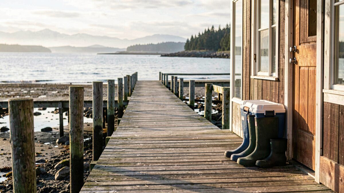 A wooden boardwalk on pilings at Halibut Cove at low tide, rubber boots and a cooler set outside a cabin door, morning light on the water of Kachemak Bay.